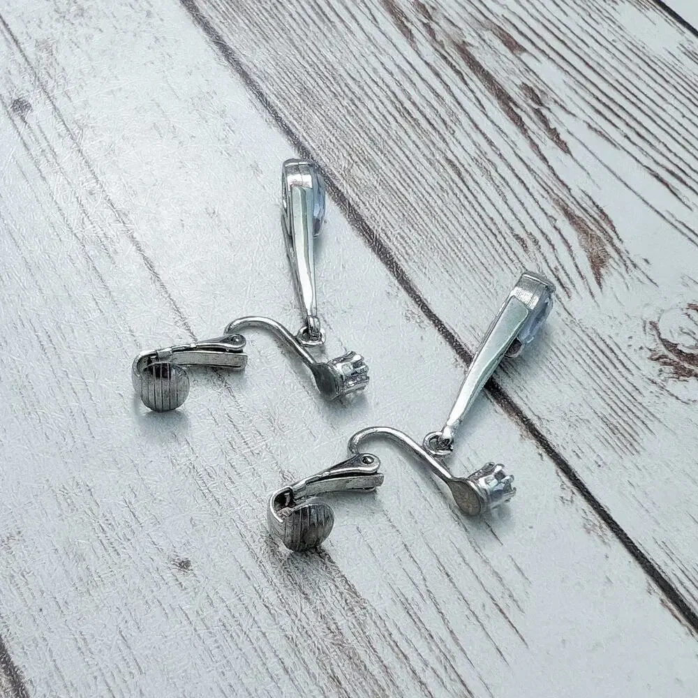 Vintage Avon Clip On Earrings - Silver Tone with Blue Gem Dangle
